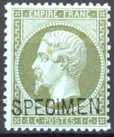 [** TB] N° 19, 1c Olive Surchargé Specimen. Pleine Gomme Originale Avec Petit Point De Rousseur Mais Sans Défaut - Cote: - 1862 Napoléon III