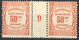 [** SUP] Taxe N° 47, 50c Rouge. La Très Bonne Valeur En Paire Millésime 9 De 1909 (* Sur Le Millésime). Cote Des Timbres - 1859-1959 Used