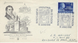 BUENOS AIRES 1961 Momument Au Général Belgrano Guerre Indépandance Drapeau Armoirie - FDC