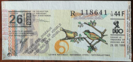 Billet De Loterie Nationale Belgique 1988 26e Tranche Des Oiseaux - 29-6-1988 - Billetes De Lotería