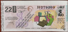 Billet De Loterie Nationale Belgique 1989 22e Tranche Des Média - 31-5-1989 - Billetes De Lotería