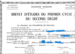 Brevet D'Etudes Du Premier Cycle Du Second Degré Rennes 1953 - Diplômes & Bulletins Scolaires