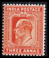 1902-1903. INDIA. Edward VII. THREE ANNAS. Very Light Hinged. - JF540075 - 1902-11 Koning Edward VII