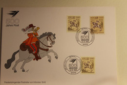 BRD; Sonderblatt,Erinnerungsblatt,Gedenkblatt: 500 Jahre Post; Dreifach Frankatur: BRD, Berlin, DDR, Stempel Bonn 1990 - Poste