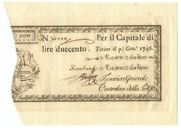 200 LIRE REGIE FINANZE TORINO REGNO DI SARDEGNA 01/01/1746 SUP - Other & Unclassified