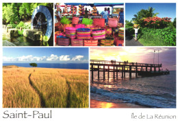 SAINT PAUL, LA REUNION, MULTIPLE VIEWS, WATERMILL, SHOP, BASKET, FIELD, PORT, BRIDGE, FRANCE, POSTCARD - Saint Paul