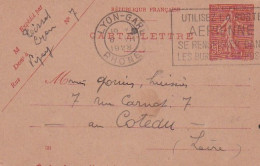 1928--Carte-lettre Type Semeuse Lignée 50c De LYON-GARE Pour LE COTEAU-42...cachets - Kaartbrieven