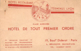 Carte Visite Commerciale Hôtel Restaurant Terminus Gare De Lyon à Paris Brançon Propriétaire - Visitenkarten