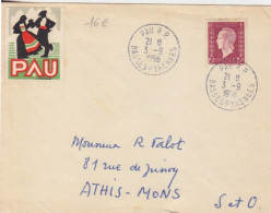 Lettre Obl. Pau RP Le 3/9/56 Sur 15F Dulac N° 699 (tarif Du 8/12/51) Pour Athis-Mons + Vignette Pau - 1944-45 Marianne Of Dulac