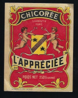 Ancienne Etiquette Chicorée Garantie  Pure  L'appréciée 250g  " Blason  Angelots" - Fruits & Vegetables