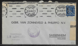 Finland. German Censored Cover. Stamps Sc. 176 On Letter, Sent From Helsinki On 23.11.40 To Holland. Blue Seal “Checked” - Cartas & Documentos