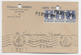 FRANCE CHAINE 50C BANDE DE 3 ANNULATION GRIFFE PARIS XV SUR CARTE TROUS D'ARCHIVE AVIGNON 23. AOUT 1945 - 1941-66 Coat Of Arms And Heraldry