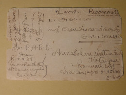 DG1  INDOCHINE BELLE LETTRE RECO.  1929 SAIGON    A  KOTAIYOUR SINGAPORE   +AFF. INTERESSANT+++ - Storia Postale