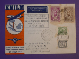 DG1  INDOCHINE BELLE LETTRE RARE  1938 1ER VOL SINGAPORE A BATAVIA    +ARR. SYDNEY  +AFF. INTERESSANT+++ - Covers & Documents
