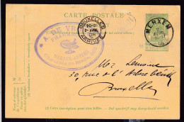 DDFF 443 - Entier Armoiries MERXEM 1908 Vers BXL - Cachet Illustré Pharmacien De Vroeg - Briefkaarten 1871-1909