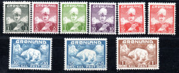 2291 DENMARK, GREENLAND 1938-1946 KING, POLAR BEAR # 1-9 MNH, LIGHT GUM COLOUR BLEMISH - Nuevos