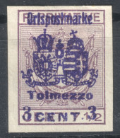 1918 - Austria Hungary KUK K.u.K Feldpost - Ortspostmarke - TOLMEZZO - 3 C. - SASSONE 67 - Oostenrijkse Bezetting