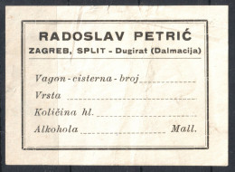 TRAIN RAILWAY Wagon Alcohol Tax Revenue LABEL CINDERELLA VIGNETTE Split Zagreb Dugi Rat CROATIA Yugoslavia 1930 Petric - Servizio
