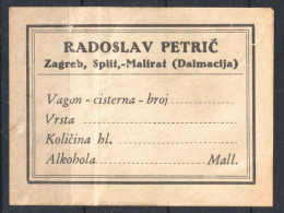 TRAIN RAILWAY Wagon Alcohol Tax Revenue LABEL CINDERELLA VIGNETTE Split Zagreb Mali Rat CROATIA Yugoslavia 1930 Petric - Servizio