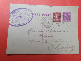 Entier Postal Paix + Complément Semeuse De St Pierre Eglise Pour Cherbourg En 1938 - Ref  2974 - Postales Tipos Y (antes De 1995)