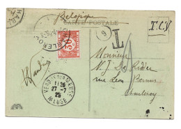Carte Vue  De VERDUN ( France) 27.7.1925 Vers CHARLEROY  Taxe 30 Ct (tx35)  Tp Français 15 Ct Au Verso - Cartas & Documentos