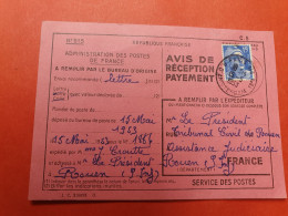 Avis De Réception Payement De Paris En 1953 - Ref  3037 - 1921-1960: Période Moderne