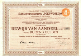 Suikeronderneming "Poerworedjo" N.V. - Aandeel F 1.000 - Amsterdam, 1 Februari 1921 Indonesia - Agricoltura