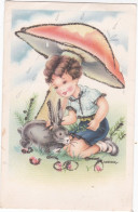 PIE-23-GOLL. 8304 : CARTE ILLUSTREE ENFANT SOUS UN CHAMPIGNON AVEC UN LAPIN. PAILLETTES ARGENTEES - Mushrooms