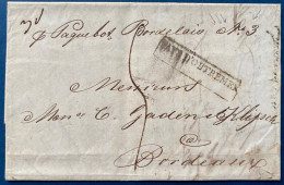 Lettre 1837 De La HAVANE Pour BORDEAUX Griffe Encadrée " PAYS D'OUTREMER " + Taxe 5 + Manuscrit Paquebot Bordelais N°3 - Marques D'entrées