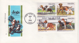 FDC "Dogs" Obl. New York Le 7 Sep 1984 Sur N° 1546 à 1549 "Retriever, Beagle, Coonhound, Alaskan) - Brieven En Documenten