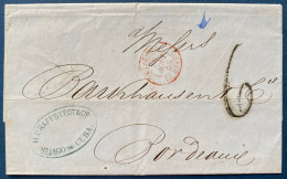 Lettre 1856 De Santiago De CUBA Pour BORDEAUX + Entrée Rouge " OUTRE-MER / LE HAVRE " + Taxe 6 TTB - Marques D'entrées