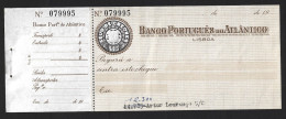 Check From BPA - Banco Português Do Atlântico, Lisbon. Embossed $05 Check Stamp. Check Stamp Slightly Offset. Rare. - Chèques & Chèques De Voyage