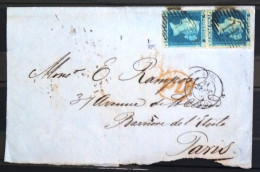 Cachet Type 15 " ANGL -  AMB CALAIS" Sur N° 11 X 2 + Cachet G.B Et PARIS Au Verso - 1856 - Indice 20 - 1849-1876: Classic Period