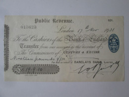 Public Revenue Check 1931 Bank Of England Transfer,see Pictures - Chèques & Chèques De Voyage