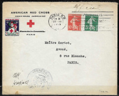 COVER France N°130, 131 Sur Enveloppe De L'American Red Cross 27.3.1919  CROIX ROUGE VIGNETTE VIGNETTEN W/ CENSOR CANCEL - Rotes Kreuz