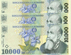 Romania 10000 Lei 1999 (2001), Prefix 01 UNC (P-108a, B-268b) / 3 PCS - Roumanie