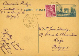 France 1940 - Carte Postale 403 CP2 De Capestang Vers Liège 70 C Lilas-rose Type Mercure Type II ... (EB) DC-12314 - 1938-42 Mercurio