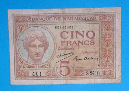 Billet, Banque De Madagascar, Cinq, 5 Francs,  2 Scans - Madagascar