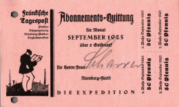 G9211 - Nürnberg Fürth Fränkische Tagespost Abo Quittung Zahlschein Goldmark - 1900 – 1949