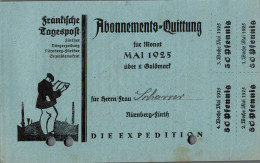 G9212 - Nürnberg Fürth Fränkische Tagespost Abo Quittung Zahlschein Goldmark - 1900 – 1949