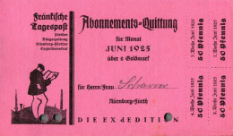 G9213 - Nürnberg Fürth Fränkische Tagespost Abo Quittung Zahlschein Goldmark - 1900 – 1949