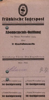 G9218 - Nürnberg Fürth Fränkische Tagespost Abo Quittung Zahlschein Goldmark - 1900 – 1949