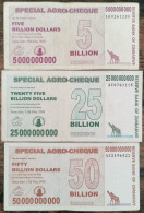 Série 3 Billets ZIMBABWE  5 - 25 - 50 Milliards Dollars - Billion  50000000000 $ - Simbabwe