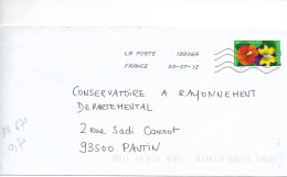 France 2012 - AA 670 - Oblitéré S/ Enveloppe Entière 07/2012 / FLEURS & Sentiments : La PENSEE  L' AFFECTION / OK  Lot A - Covers & Documents