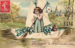 ENFANT - Fillette Sur Une Barque Avec Une Lettre - Chaton - Fleurs - Un Bonjour De ... - Carte Postale Ancienne - Andere & Zonder Classificatie