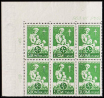 1946. FINLAND. Tuberculosis 5+1 Mk In Never Hinged 6-block. (Michel 326) - JF540422 - Brieven En Documenten