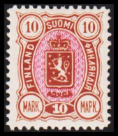 1889. FINLAND. Coat Of Arms. "Three-numbered". Perf. 12½. 10 Mk. Brown/red. NEVER HINGED. Beau... (Michel 34) - JF540596 - Ongebruikt