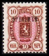 1889. FINLAND. Coat Of Arms. "Three-numbered". Perf. 12½. 10 Mk. Brown/red Overprinte... (Michel 34 Specimen) - JF540597 - Nuevos