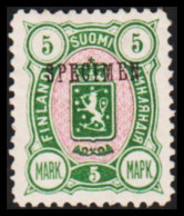 1889. FINLAND. Coat Of Arms. "Three-numbered". Perf. 12½. 5 Mk. Green/red Overprinted... (Michel 33 SPECIMEN) - JF540598 - Neufs