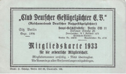 Carte De Membre - Mitgliedskarte Club Deutscher Geflügelzüchter 1933 (Eleveurs De Volailles) Martha Klicks - Mitgliedskarten